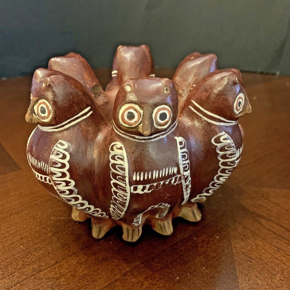 Vintage Terracotta Owl Whistle – Handcrafted Folk Art – 5” Wide x 4” Tall